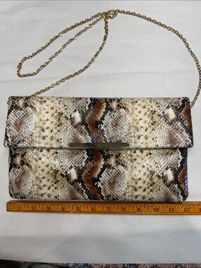 Urban Expressions Snake-Print Clutch in Brown, Cream & Black with Gold Chain